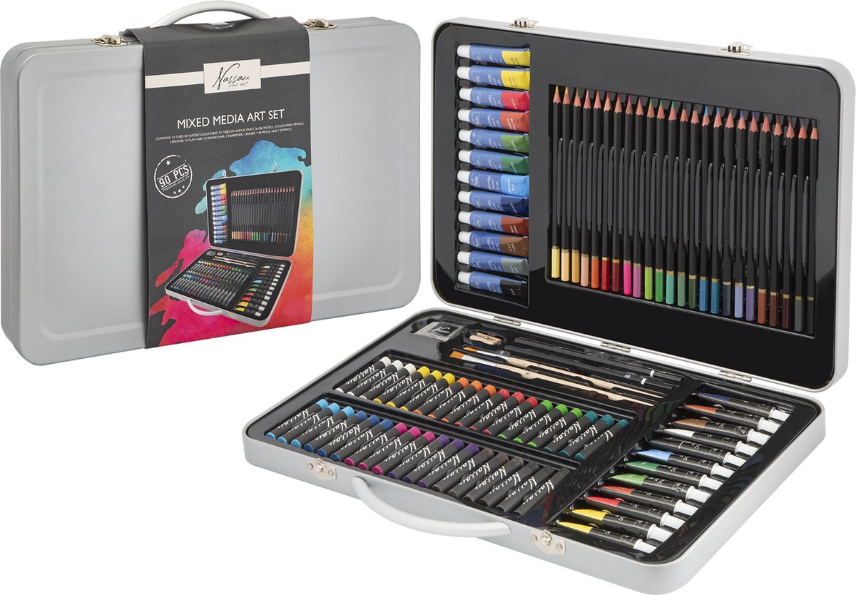 Nassau Fine Art Tekendoos en Schilderset in Metalen Opbergkoffer | 90-delig | Aquarelverf - Acrylverf - Penselen - Oliepastels - Professionele Kleurpotloden - Puntenslijper - Gum | Tekenkoffer voor kinderen en volwassenen